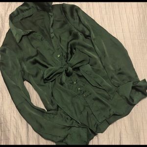 ZARA Hunter Green Silk Blouse with Front Tie
